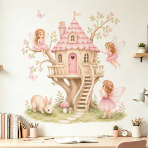 Fairy Treehouse Wall Sticker Girls Room Bedroom Decal Pink Fairy Tale Home Decor Removable DIY Vinyl Sticker