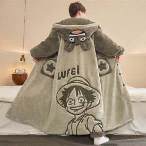 One Piece Luffy Creative Anime Cartoon Pattern Fashion Thickened Warm Soft Skin-Friendly Coral Fleece Long Robe and Pants Set
