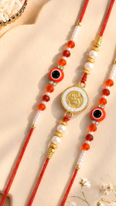 Aheli Rakhshabandhan Ohm Evil Eye Thread Rakhi for Brother Bhaiya Red White Pack of 3 Rakhi Hamper | Rakhi Set | Kids Rakhi | Rakhi for Kids