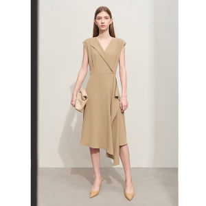 Elegant Asymmetric V-neck Slimming Black Dress Mid-waist A-line Skirt Commute Style Polyester Fiber Summer New Arrival