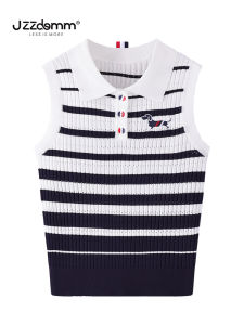 Kyushu Chengpin/Jzzdemm Puppy Embroidered Lapel Sunken Stripe Stripes Knitting Vest Female Graceful Slim-Fit Tops Fashion