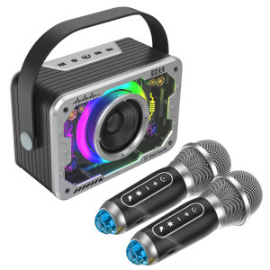 VAORLO V9 Wireless Dual Microphones Karaoke Machine KTV DSP System Bluetooth 5.3 PA Speaker HIFI Stereo Surround 3.5 AUX Headphone Monitoring With RGB Colorful LED Lights Support TF Card Play Sci-fi Mecha Style For Home Party/Christmas/Birthday/Kids Gift