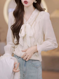 เสื้อถักแขนยาวผู้หญิงสไตล์เกาหลีฤดูใบไม้ร่วง 2025 แฟชั่นลำลอง ทรงหลวม ปกโปโล ผ้าฝ้ายผสมโพลีเอสเตอร์ ปกติ