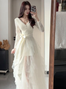 CHANGTONG | V-Neck Lace Cinched A-Line Dress Spring
