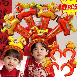YESPERY 10Pcs 2026 Happy New Year Party Balloon Chinese Style Horse Headband Balloon Family Spring Festival Inflatable Stick Kids Gift