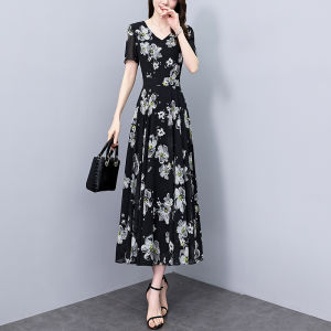 Impression Fashion Women's Elegant Chiffon V-neck Short Sleeve Floral Slim Cutting Tunic High Waist Plus Size Long Dress