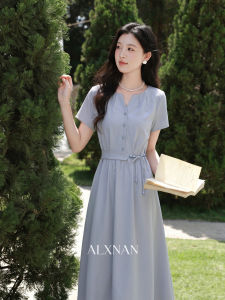 Đầm Pháp Elegance Màu Xanh Accentuating Vòng eo
