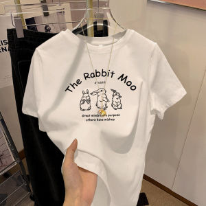 Summer White Cotton T-Shirt Womens Half Sleeve Loose Fit Slimming Short Sleeve Printed round Neck Korean Style Commute Top