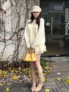 XUECAIQI | Exquisite Lace-Up Sweater and Skirt Set