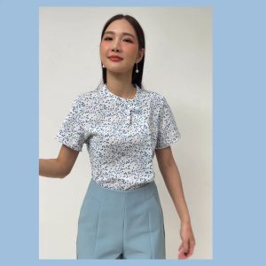 Laboratory 8407# เสื้อคอกลมป้าย ติดกระดุมคอ ผ้าพิมพ์ลาย แขนสั้น