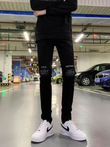 New Arrival Black Denim Men Handsome Washed Hip Hop Fancy Hot Drilling Hole & Patch Slim-Fit Pants Mens