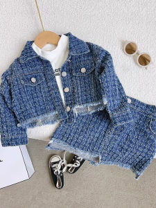 New Campus Style Girls Long Sleeve Denim Jacket and Skirt Set