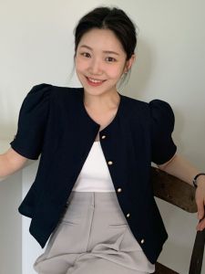 Sang Trọng Lịch Sự Phong Cách Pháp Nữ Áo Sơ Mi Vintage Nhẹ Nhàng Độc Đáo Nút Đơn Viền Bèo Viền Vòng Eo Cinched Tay Bong Bóng Ngắn Áo Blouse