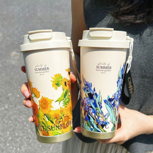 500ml Insulated Coffee Cup Flower Pattern Stainless Steel Double Wall Vacuum Travel Mug Woman Car Portable Thermal Water Bottle