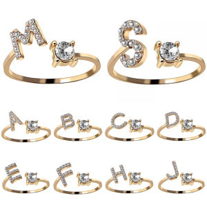 18k Gold 26 English Letters Rings Cubic Zirconia Knuckle Ring Womens Opening Adjustable Rings Jewelry