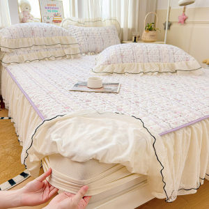 Quilted Ruffled Bed Skirt Mattress Cover Lace Frilled Dust‑Ruffled Bed Protector with Non‑Slip Backing Soft Dot‑Print Bed Wrap