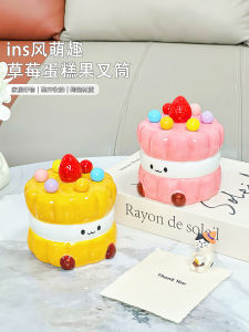 Cute Strawberry Cake Stainless Steel Fruit Forks Storage Tube Desktop Decoration Set High Aesthetic Value Reusable Cutlery