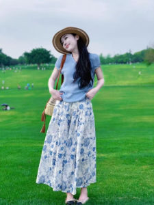 VKSOD | Elegant Salt Series T-Shirt And Floral Half-skirt Set Summer 2025 Short Sleeve Round Neckline Two-Piece Suit For Women 25-35 Years Old