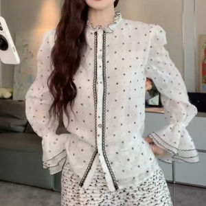 SHUAIYUE | Áo Blouse Tay Chuông Ren Chấm Bi Elegance