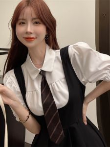 GUZILIAN | Polo Collar Tie Shirt Bubble Short Sleeve Womens Dress Two-Piece Set Korean Style Commute Pure Desire Uniform School Girl