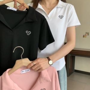 Women Casual Plain Polo T-Shirt Korean Slim Crop Top