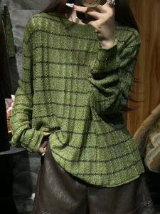 UYFY | Green Round Neck Long Sleeve Plaid Sweater