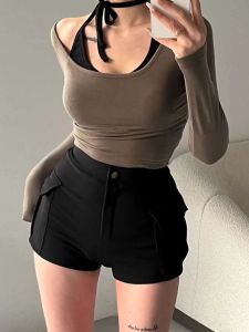 High Waist Tight Shorts with Hip Padding Dual Pockets Casual Summer Hot Pants Dongda Gate New Model Polyester Fiber Straight Leg
