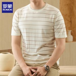 ROMON | Mens Summer Classic T-Shirt Knit Stripe Loose Fit Round Neck