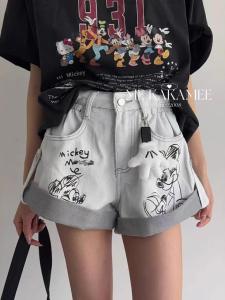 Mickey Cartoon Print Denim Shorts Womens Straight Leg Workwear Pants High Waist Zipper Fly Wide Leg Pants Summer Trend