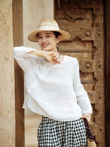 New Chinese Style Hanflax Small Shirt Enzyme Washed Black White Grey Series Free And Easy Top Regular Loose Fit Nine Sleeve Length