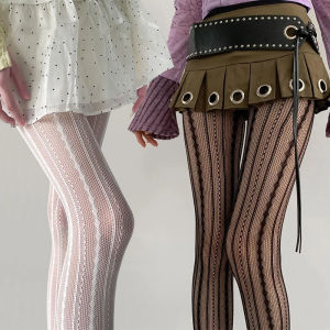 Y2k Retro Leopard Print Mesh Pantyhose Fashionable Diamond Vertical Stripe Fishing Net Socks Border Knee High Stockings