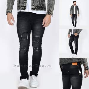 RoosterDenim - Jeans Sobek Cubit Bikers Pria Panjang Stretch Celana Panjang