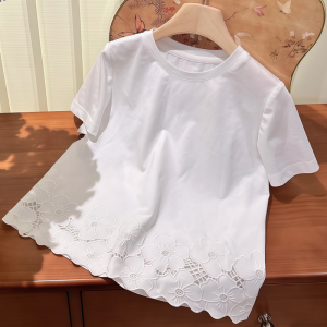 Áo Thun Cotton Trắng Tay Ngắn Cổ Tròn Thường Ngày Mùa Hè Cho Nữ Áo Thun Tay Ngắn Họa Tiết Hoa Ren Khoét Rỗng Giản Dị Thời Trang