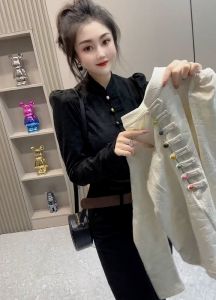 Winter New Style Womens T-shirt Fleece Lined Bubble Sleeve Long Sleeve Vintage Embroidery Stand Collar Top Street Style Cotton