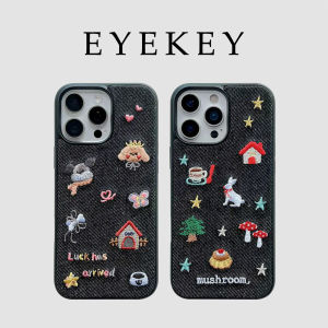 Stylish Embroidered Denim Cartoon House Rabbit Dog Phone Case for 17 pro Max 16 New 14 Female 15 pro Korean Style 13 Autumn Winter Protection Cover