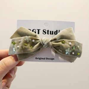 เครื่องประดับผมแบบมีด้ามจับโลหะผสม DIY แฮนด์เมด รูปผีเสื้อขนาดใหญ่ สไตล์ย้อนยุค ผ้ากำมะหยี่สีชมพูและเขียว