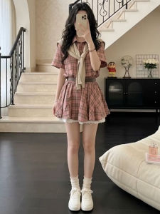 SENWA | Pink Check Womens Dress Small Petite Korean Style Waist-cinching