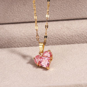 New Fashion Stainless Steel Y2k Crystal Pink Zircon Heart Pendant Necklace For Women Girl Elegant and Sweet Punk Party Jewelry