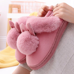 Thickened Warm Indoor Cotton Slippers for Couples Long Ear Ball Womens Winter Floor Wood Heated Slippers Simple Home Shoes
