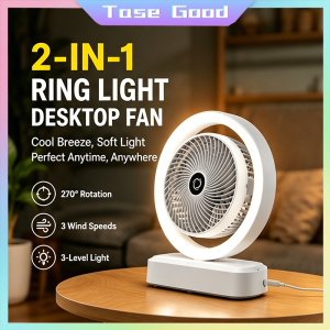 Tase Good Rechargeable 2 in 1 Ring Light Table Fan 270° Rotatable Quiet Cooling Fan Dimmable LED Lamp Portable Travel Fan Low Noise Air Circulator Fan for Summer Sleep Reading Work