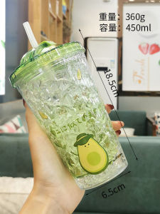 Portable Avocado Plastic Water Cup for Women Summer Cold Drinks Straw Included Cute Design Double Layer Cooling Handheld Cup