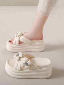 Summer High Heel Slippers Womens Outdoor Wear Thick Bottom Soft Sole Heightening Flower Pattern Korean Style Casual Slip-On Shoes