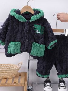 หนาขึ้น ชุดนอนผ้าสักหลาดสําหรับเด็กวัยหัดเดินชายหญิงเสื้อผ้าบ้าน เด็กทารก ชุด ฤดูใบไม้ร่วง ฤดูหนาว เสื้อผ้าเด็ก นุ่ม โพลีเอสเตอร์ ไฟเบอร์