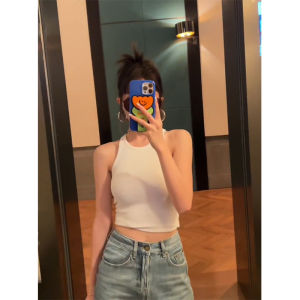 เสื้อกั๊กแขนกุดสีขาวสำหรับผู้หญิงในช่วงฤดูร้อน ดีไซน์เปิดหลัง ใส่ด้านนอกได้ เสื้อชั้นในสั้น ไม่มีแขน สายรัดคอกลม ทรงหลวม สีพื้น