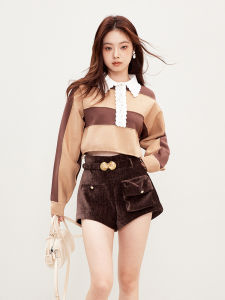 LeFame Spring 2026 Sweater Sweet Style Color Block Stripe Waist Cinched Knitted Top Womens Fashion Elegant Bead Embellished