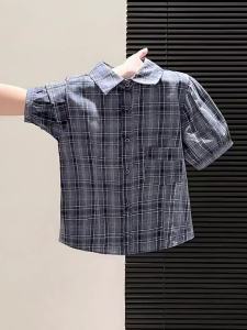 La Chapelle | Retro American Style Plaid Short Sleeve Puff Sleeve Shirts