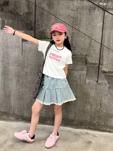 Girls Summer Denim Mini Skirt 2026 New Baby Korean Version Sweet Half-length Skirt Bow Lace Ruffled Pleated Skirt