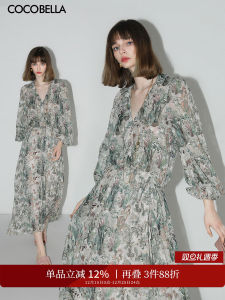 ชุดเดรสคอวีแขนยาวผ้าชีฟองลายดอกไม้ COCOBELLA ทรงเอเข้ารูปเอวสูง ชุดเดรสยาวปานกลางสไตล์วันหยุดฤดูร้อน