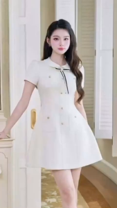 Đầm dáng chữ A  thiết kế cổ sen đính đá gắn nơ đen siêu xinh NEWFASHION99