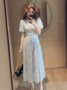 YIKEMAI | French Style Blue Floral Dress Slim Fit with Puff Sleeves and Waist Cinching